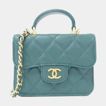 Chanel Green Lambskin Leather Top Handle Clutch Bag 