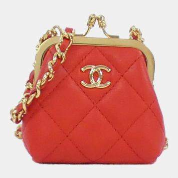 Pre Owned Chanel Red Lambskin Quilted Mini Kiss Lock Clutch With Chain 