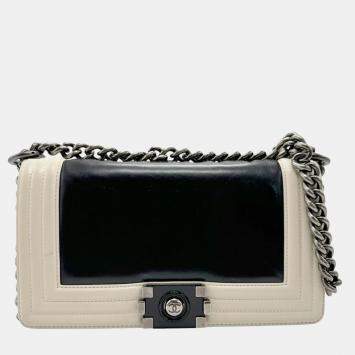Pre Owned Chanel Black/Off-White Leather  Boy Shoulder Bag 