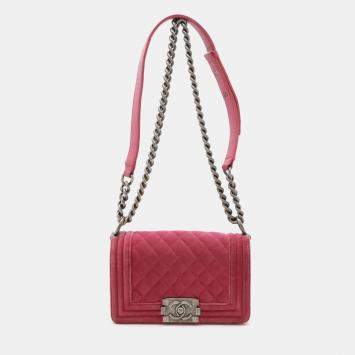 Pre Owned Chanel Pink Velour Leather Boy Coco Mark Chain Shoulder Bag 
