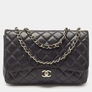 Pre Owned Chanel Black Quilted Caviar Leather Jumbo Classic Single Flap Bag