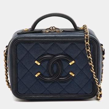 Pre Owned Chanel Navy Blue/Black Quilted Caviar Leather Small CC Filigree Vanity Case Bag