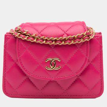 Pre Owned Chanel Pink CC Quilted Lambskin Flap Clutch On Chain