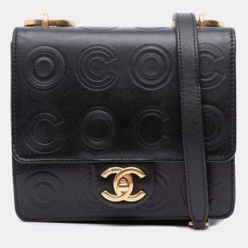 Pre Owned Chanel Black Mini Square Calfskin Coco Embossed Flap