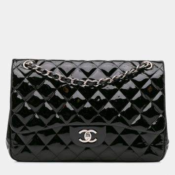 Pre Owned Chanel Black Jumbo Classic Patent Double Flap