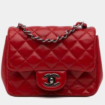 Pre Owned Chanel Red Mini Square Classic Lambskin Single Flap
