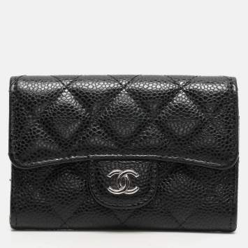 Pre Owned Chanel Black Quilted Caviar Leather CC Card Holder