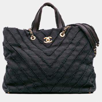 Pre Owned Chanel Black Chevron Canvas Cuba Patchwork Shopper Tote
