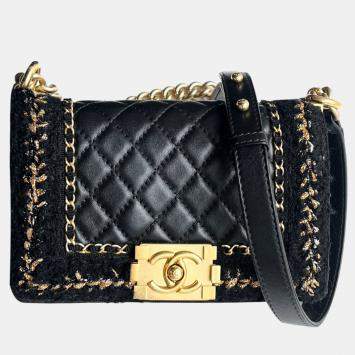 Pre Owned Chanel Black Wool Le Boy Small Shoulder Bag 