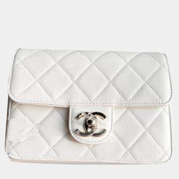 Pre Owned Chanel White Leather Chain Shoulder Bag 