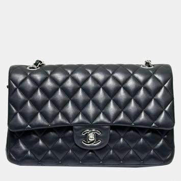 Pre Owned Chanel Black Lambskin Classic Flap F Medium Shoulder Bag