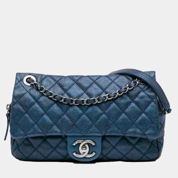 Pre Owned Chanel Blue Jumbo Iridescent Quilted Caviar Easy Flap