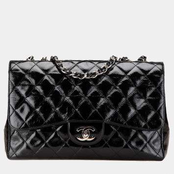 Pre Owned Chanel Black Jumbo Classic Crinkled Patent Single Flap
