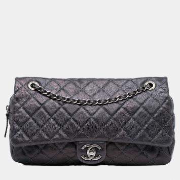 Pre Owned Chanel Purple Jumbo Quilted Caviar Easy Flap Bag