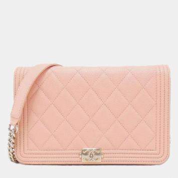 Pre Owned Chanel Pink Leather Boy Wallet On Chain 