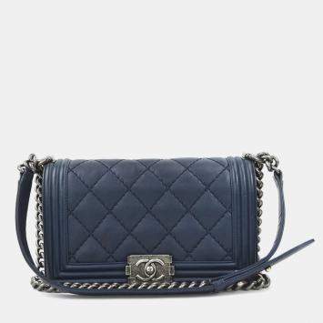 Pre Owned  Chanel Navy Blue Leather Boy Shoulder Bag