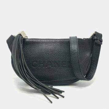 Pre Owned Chanel Black Calfskin Logo Fringe Chain Shoulder Bag