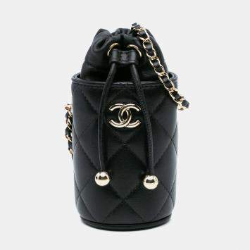Pre Owned Chanel Black Micro Quilted Lambskin Drawstring Bucket Bag