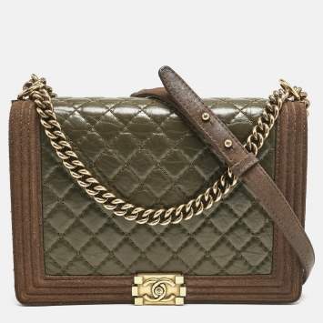 Pre Owned Chanel Olive Green/Brown Quilted Leather and Suede Large Boy Flap Bag