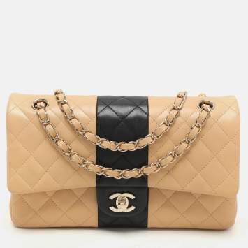 Pre Owned Chanel Beige/Black Quilted Leather Medium Bicolor Classic Double Flap Bag