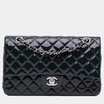 Pre Owned Chanel Navy Blue Medium Classic Patent Double Flap