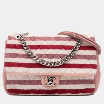 Pre Owned Chanel Pink White Jumbo Stripe Jersey Felt and Rope Flap
