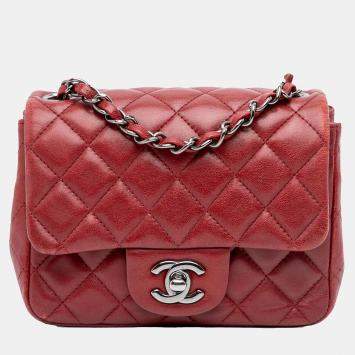 Pre Owned Chanel Red Mini Square Classic Lambskin Single Flap