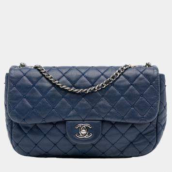 Pre Owned Chanel Navy Blue Small Quilted Lambskin Beaded Single Flap