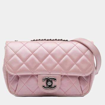 Pre Owned Chanel Pink Mini Quilted Metallic Calfskin Coco Pleats Chain Flap