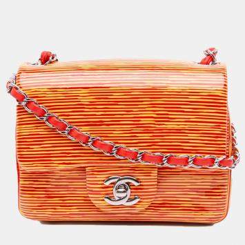 Pre Owned Chanel Orange Mini Square Classic Patent Striped Single Flap