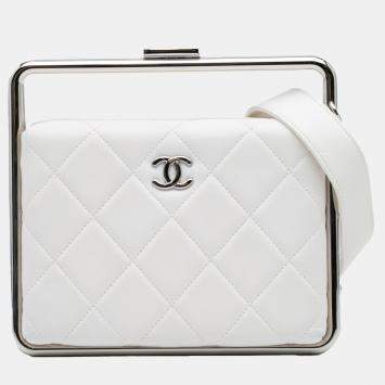 Chanel White Quilted Lambskin Metal Bar Convertible Clutch