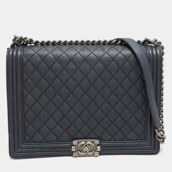 Pre Owned Chanel Blue Quilted Leather Large Boy Flap Bag