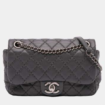 Pre Owned Chanel Grey Quilted Lambskin Stitched Single Flap