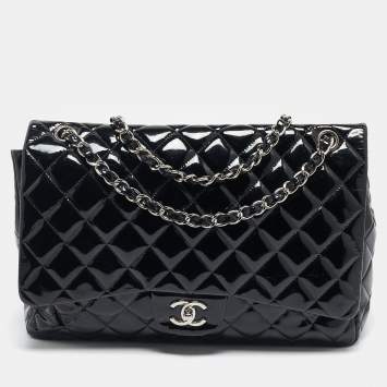 Pre Owned Chanel Black Quilted Patent Leather Maxi Classic Single Flap Bag