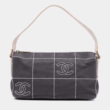 Pre Owned Chanel Black White CC Chocolate Bar Canvas Shoulder Bag