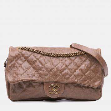 Pre Owned Chanel Brown Large Quilted Glazed Caviar Shiva Flap