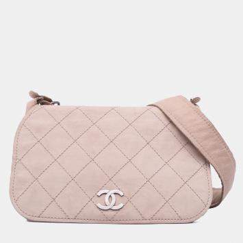 Pre Owned Chanel Beige Brown Calfskin Stitched Highlander Messenger Bag