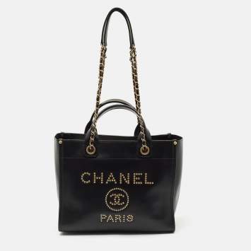 Pre Owned Chanel Black Caviar Leather Small Studded Deauville Tote