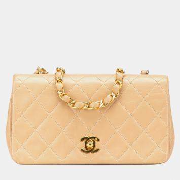 Pre Owned Chanel Beige Mini Rectangular CC Quilted Lambskin Full Single Flap