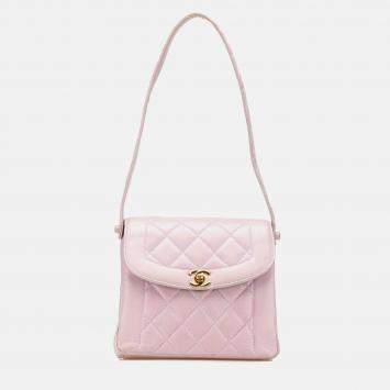 Pre Owned Chanel Pink CC Quilted Lambskin Diana Flap Shoulder Bag