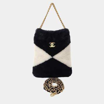 Chanel Beige Black Fur shearling tote and shoulder bag