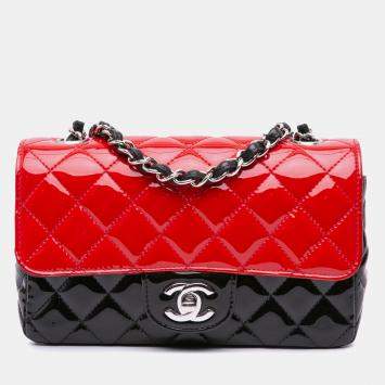 Pre Owned Chanel Black/Red Mini Rectangular Bicolor Patent Single Flap