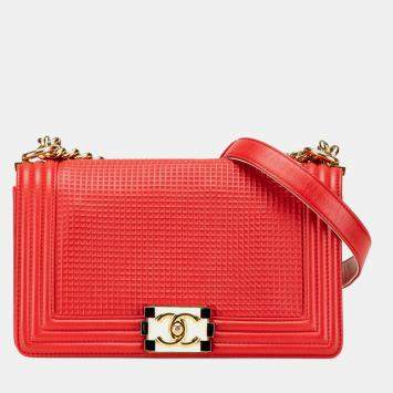 Pre Owned Chanel Red Old Medium Lambskin Embossed Cube Boy Flap