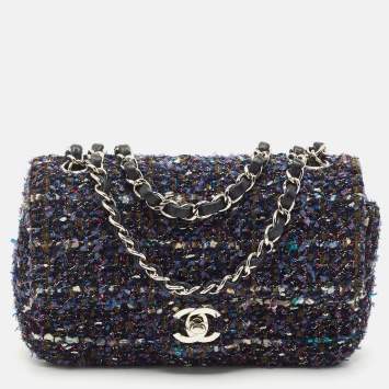 Pre Owned Chanel Blue Tweed Small CC Flap Bag