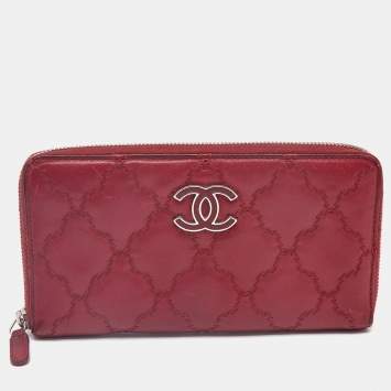 Pre Owned Chanel Red Ultra Stitch Leather CC Zip Continental Wallet