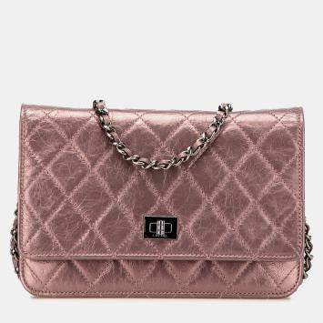 Pre Owned Chanel Pink Reissue 2.55 Quilted Metallic Aged Calfskin Wallet on Chain