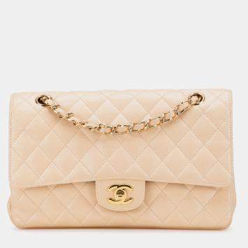 Pre Owned Chanel Beige Medium Classic Caviar Double Flap