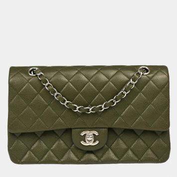 Pre Owned Chanel Green Calfskin Medium Classic Double Flap Shoulder Bag