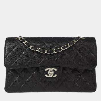 Pre Owned Chanel Black Calfskin Small Classic Double Flap Shoulder Bag