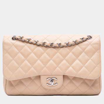 Pre Owned Chanel Beige Jumbo Classic Caviar Double Flap